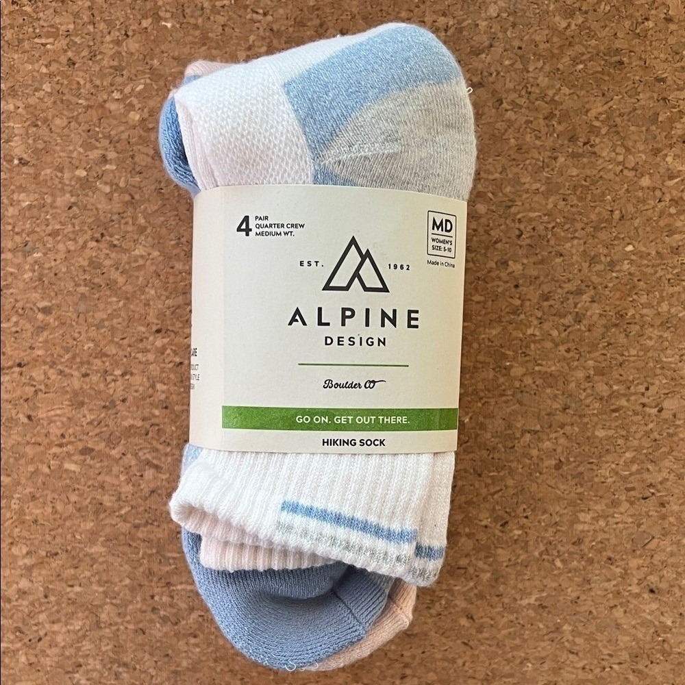 Alpine Design Womens 4 Pack Quarter Crew Hiking Socks Blue White Pink MD 5-10